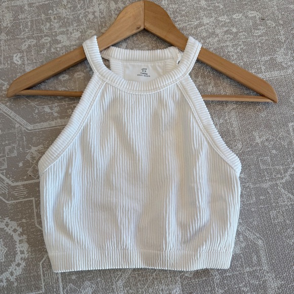 Aerie White High Neck Halter Ribbed Crop Tank Top Size M Seamless Racerback - Picture 4 of 6